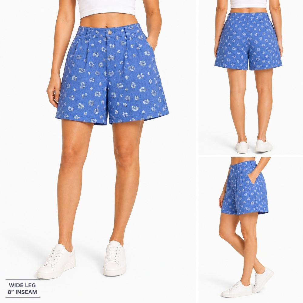 Lizsport Vintage Blue‎ Paisley High Waisted Cotton Pleated Shorts Size 10
